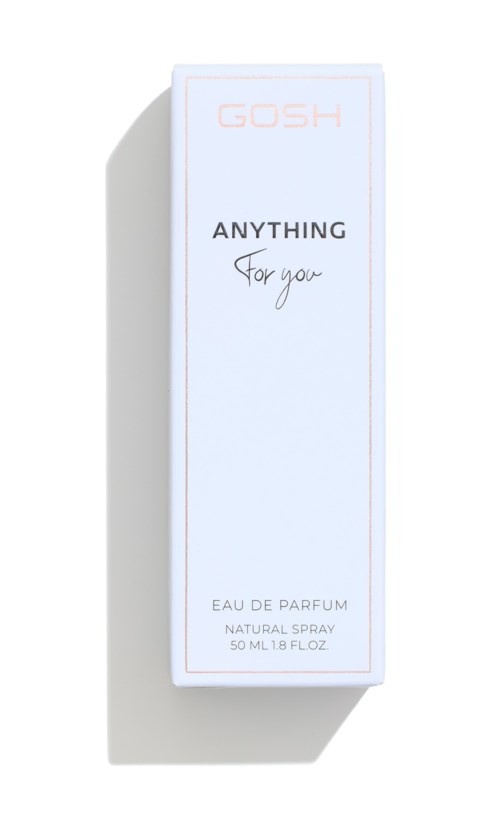 En vit förpackning med text: GOSH, ANYTHING For you, Eau de Parfum, 50 ml. Enkel och stilren design.