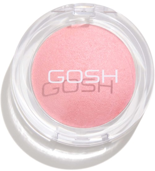 Roze blush met GOSH in wit in een doorzichtige ronde container.