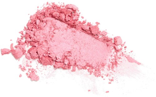 Roze make-up poeder uitgestrooid met een paar in een hoop en een beetje uitgespreid op een witte achtergrond.