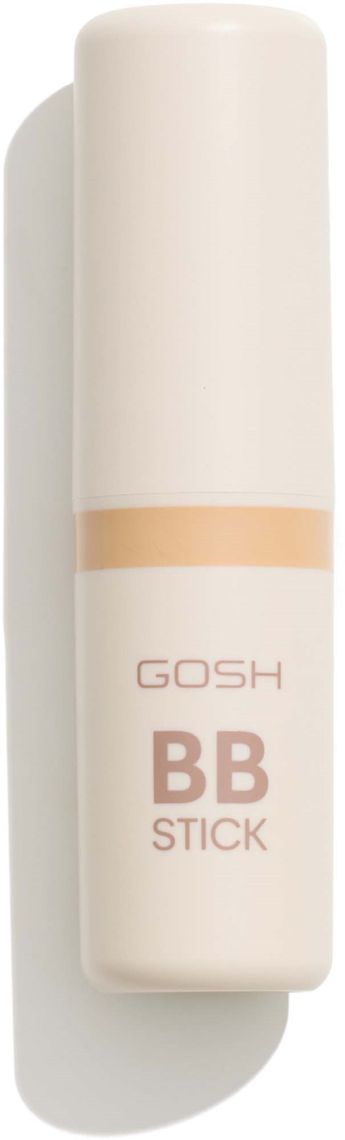 Een witte lippenstift met de woorden GOSH BB STICK in roze en een beige streep dicht bij de bovenkant.