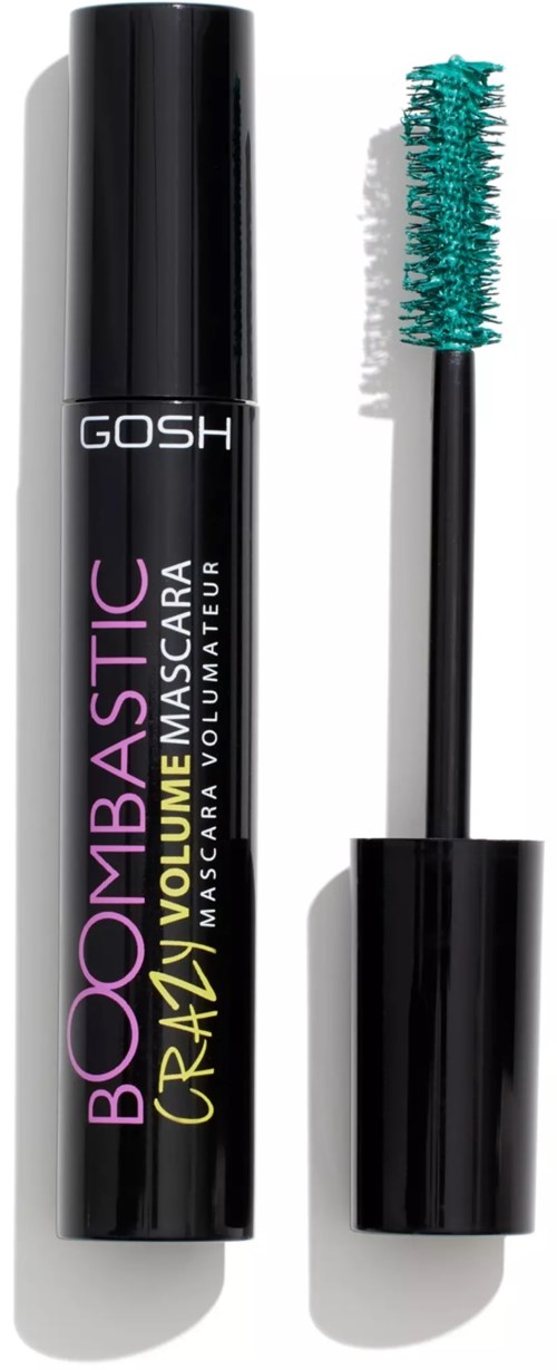 Mascara huls en kwast met turquoise borstels op een witte achtergrond.