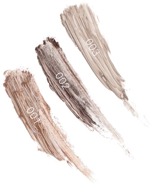 Drie verfstrijkers in verschillende tinten beige en bruin met nummers 100, 200 en 300.