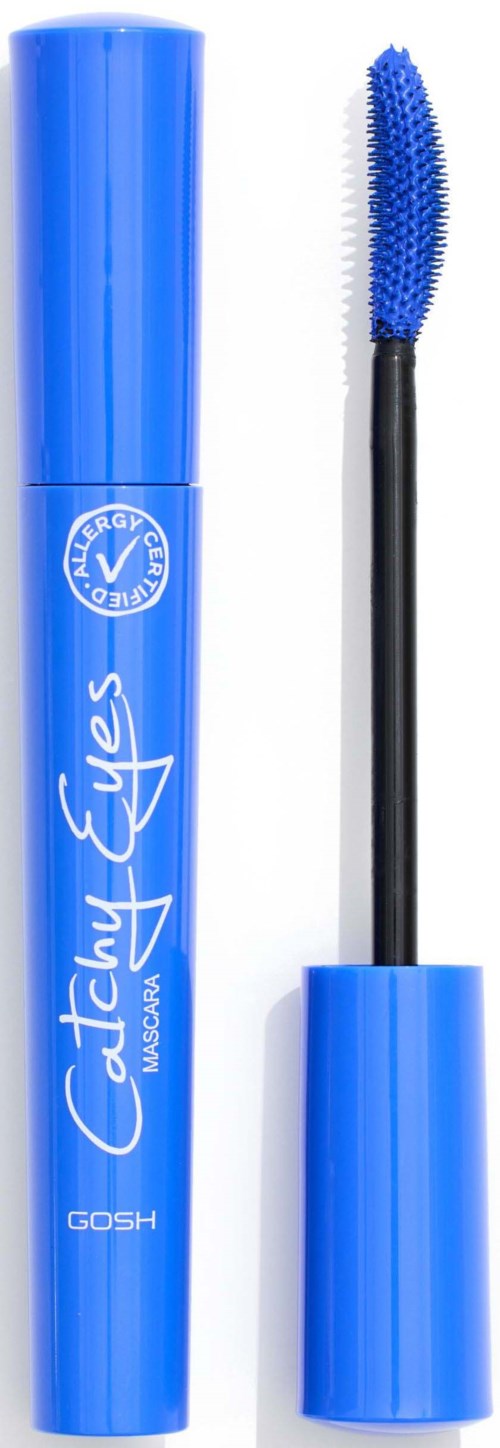 Blue mascara tube with a brush applicator. The brush has blue mascara on it. The tube has white text and a logo.