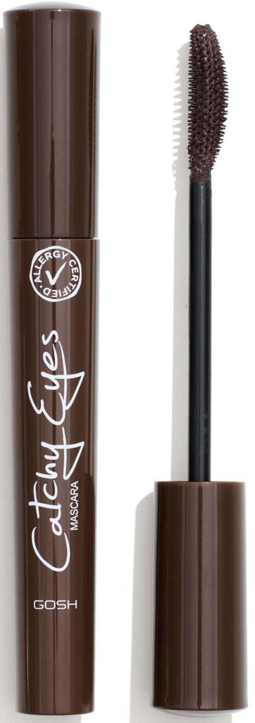 Bruine mascara-tube met een kwast en witte tekst aan de zijkant.