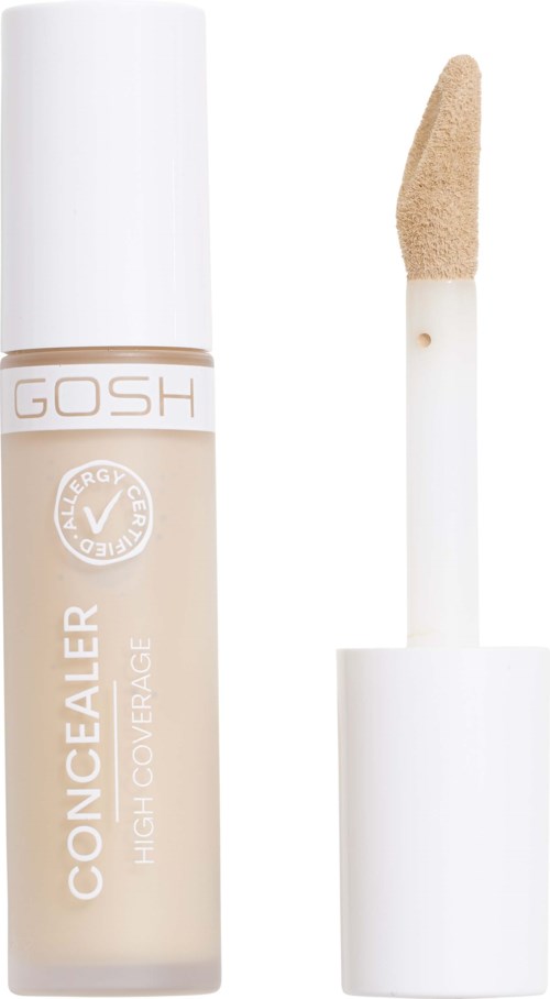 Ein Kosmetik-Concealer-Flasche mit beiger Farbe und Applikatorschwamm. Marke ist GOSH, mit hoher Deckkraft.