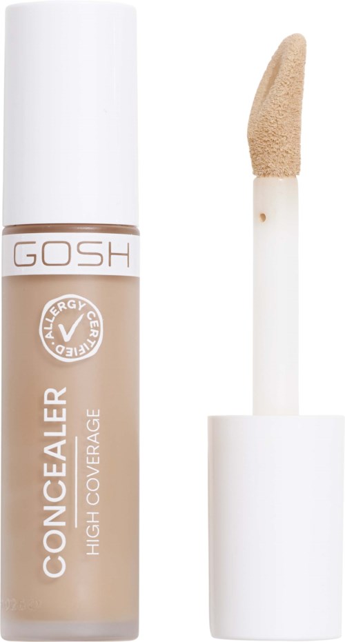 Ein Concealer-Flasche mit Applikator, beige Farbe, weißer Deckel, GOSH Hochabdeckkraft für energieaufgeladenen Look.