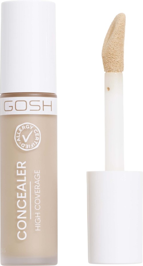 Eine Flasche mit Flüssigconcealer und Schwammapplikator. Der Behälter ist beige mit weißem Deckel und Etikett.
