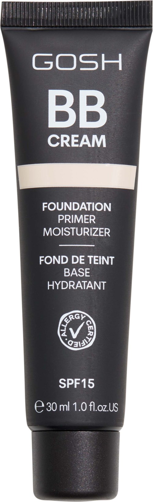 En svart tube med GOSH BB-kräm for ansiktet, merket som foundation, primer, fuktighetskremen, med SPF 15 og 30 ml størrelse.