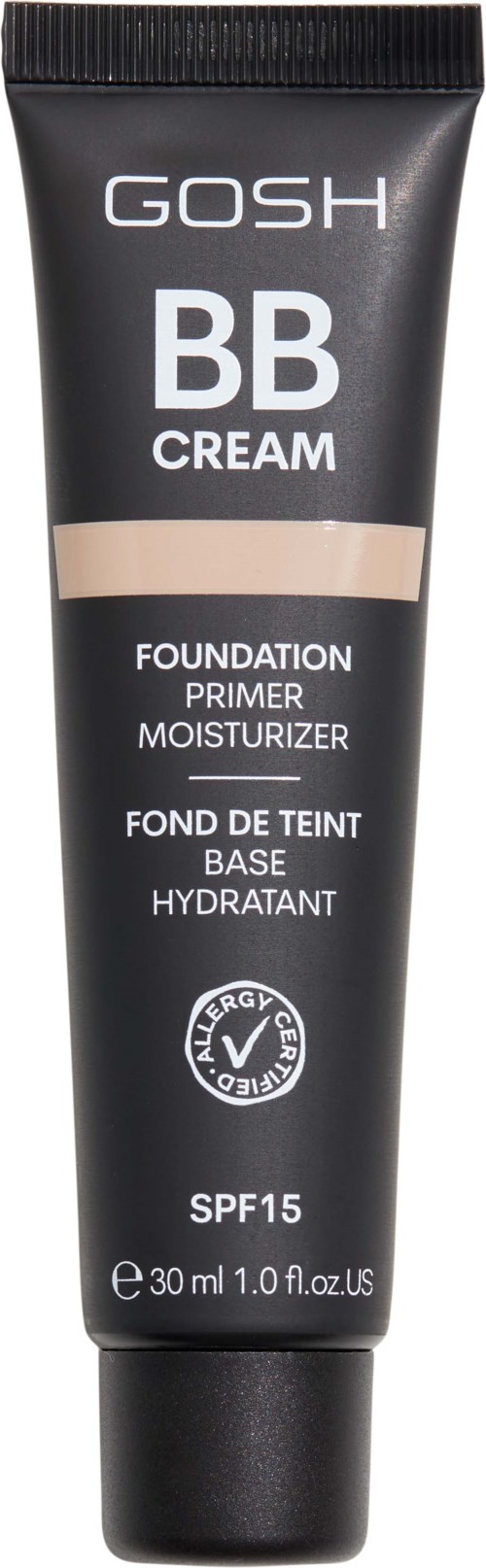 En svart tube med BB-krème med beige stripe, merket GOSH BB CREAM, SPF15, 30 ml.
