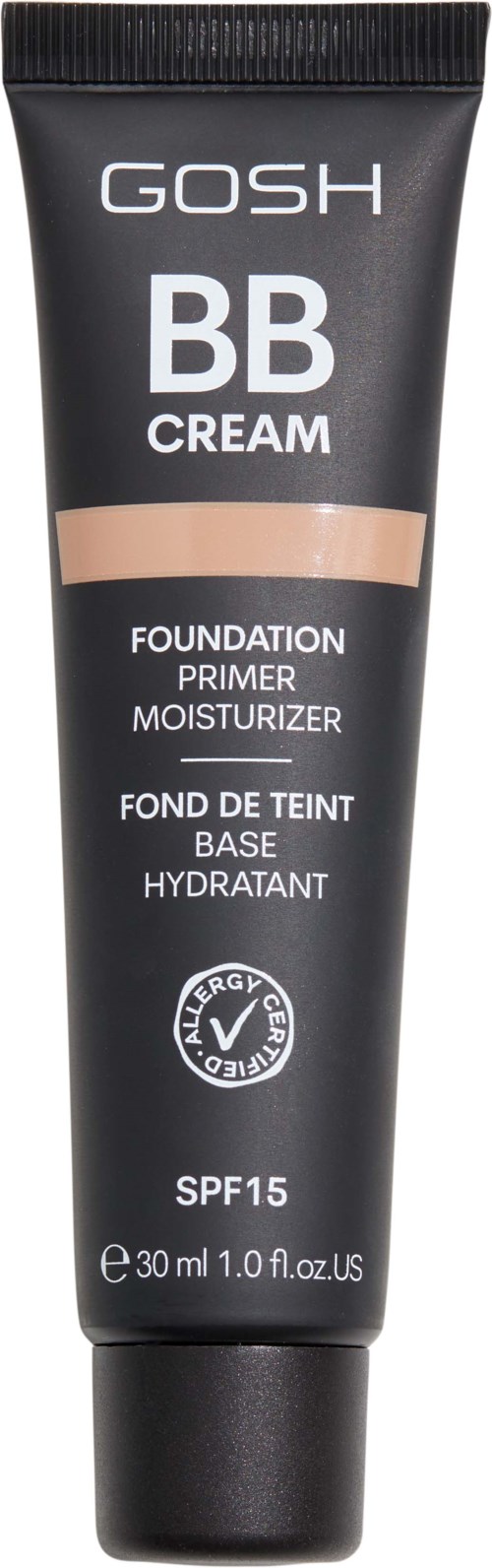 En svart tube med GOSH BB-cream med SPF 15, merket som foundation, primer og fuktighetskrem, 30 ml.