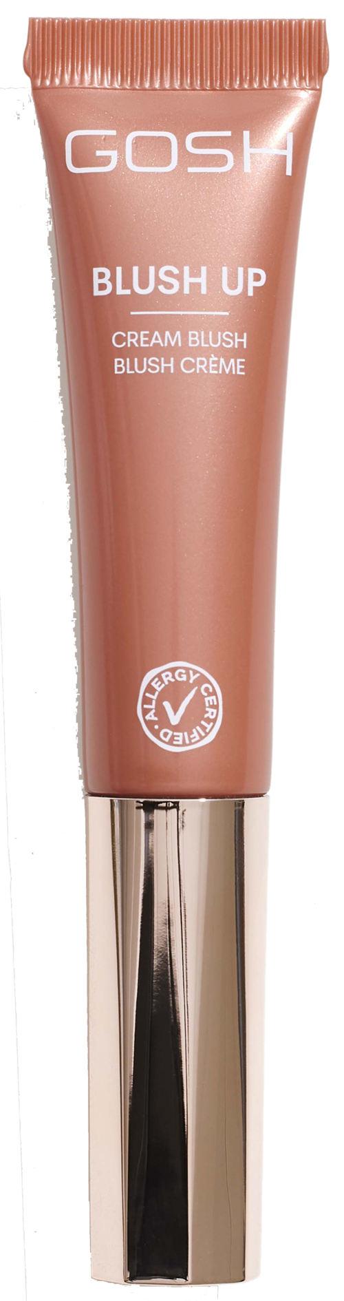 Eine Tube von GOSH Rouge mit glänzendem Deckel, pfirsichfarben, mit 'Blush Up' beschriftet.
