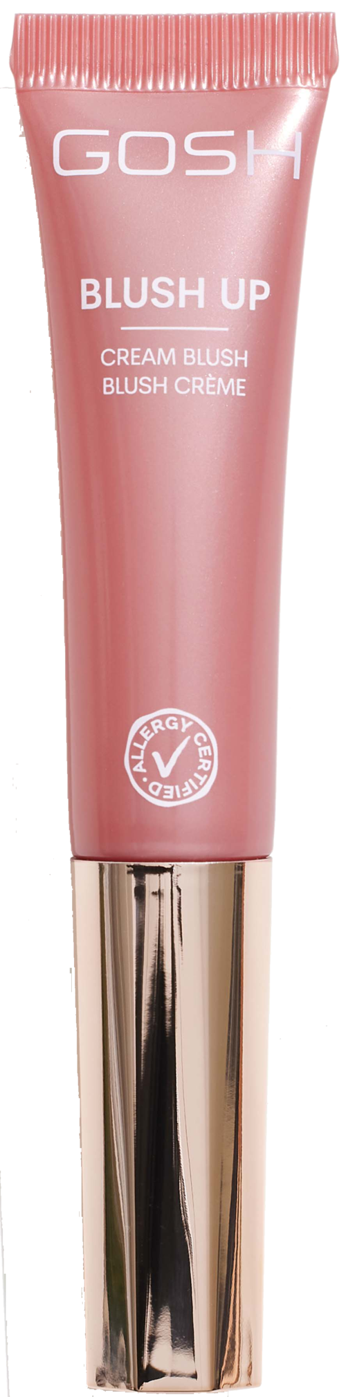 Röhrchen in Rosa mit 'GOSH Blush Up' und silberner Kappe. Es ist ein Make-up-Produkt für Wangen.