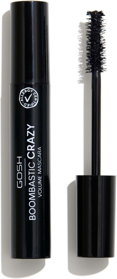 A black tube of Gosh Boombastic Crazy volume mascara with wand beside it.