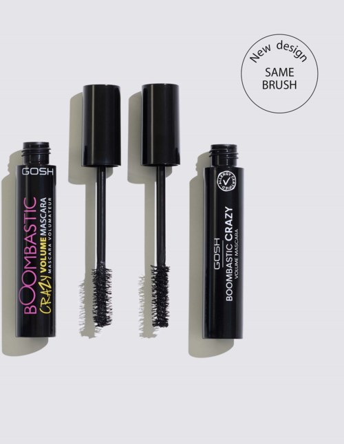 Two mascara tubes with brushes, one labeled Crazy Volume, and a sticker saying new design with same brush.