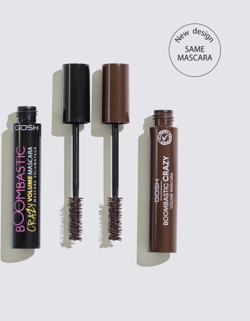 Two mascara tubes with wands, one black and one brown, and a label indicating a new mascara design.