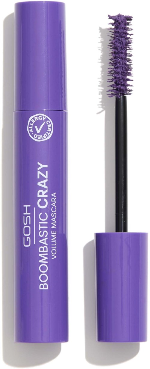 Purple mascara tube with the wand next to it, labeled GOSH Boom Basics Crazy Volume Mascara.
