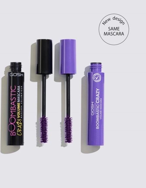 Two purple mascaras with open caps and brushes, one with a purple tube and the other with a black tube, label says Crazy.