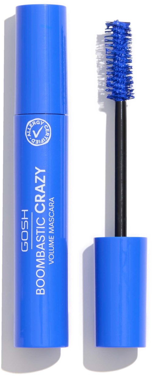 Blue mascara tube with a brush wand, labeled GOSH Boom Basic Crazy, stands upright next to the lid.