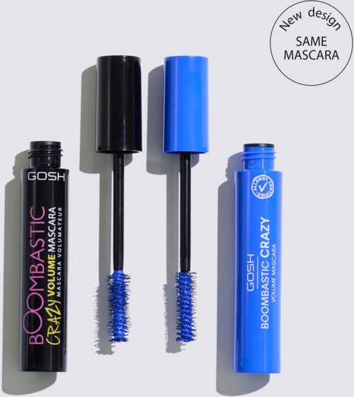 Two blue mascaras with black and blue caps and brushes, and a black mascara tube with pink and white text.
