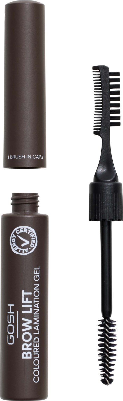 A brown eyebrow gel tube, brush, and a cap are shown, used for eyebrow styling.