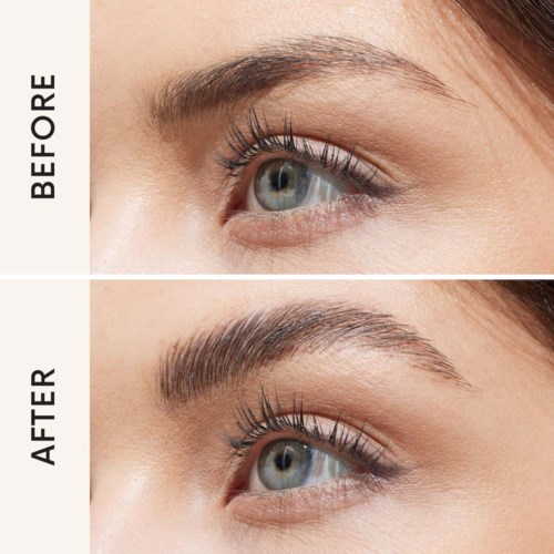 A close-up of a person's eye showing eyebrow transformation, with the after eyebrow fuller and more defined.
