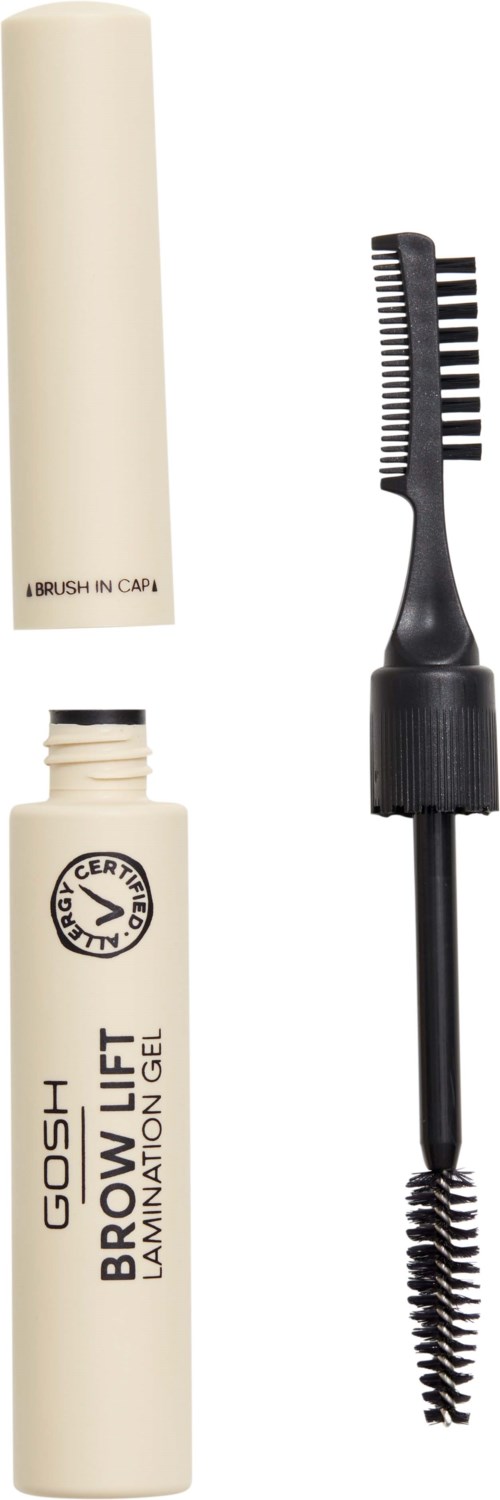 Eine Brauenlift-Mascara, ein schwarzer Brauenkamm-Applikator und ein cremefarbenes Cap.
