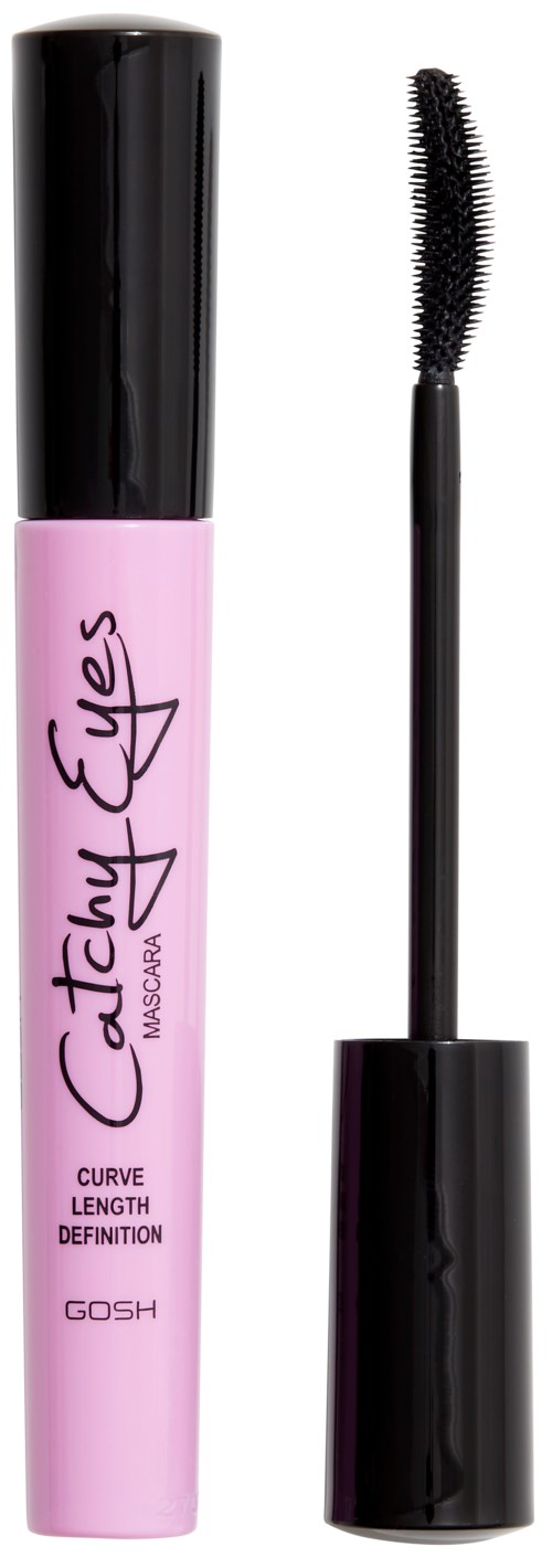 En rosa mascara-förpackning med namnet 'Catchy Eyes' och en svart mascara-borste med en kurvad borste.