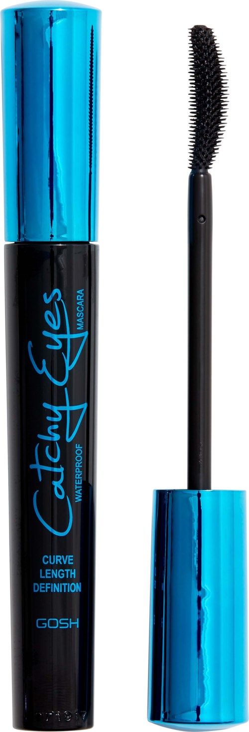 Een mascara buis met blauwe dop en borstel ernaast, geschikt voor oogmake-up. Label met merk 'GOSH' en details.