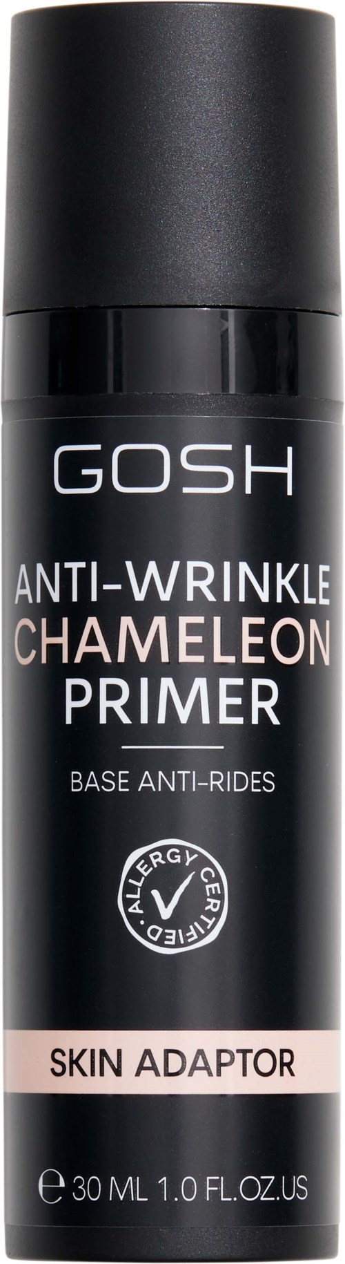 Svart sprayflaska märkt GOSH Anti-Wrinkle Chameleon Primer med skin adaptor, 30 ml volym.