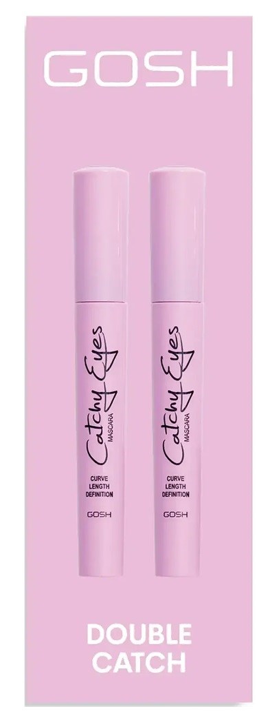 En rosa eske inneholder to rosa mascara- eller øyeprodukter fra GOSH Double Catch-serien.