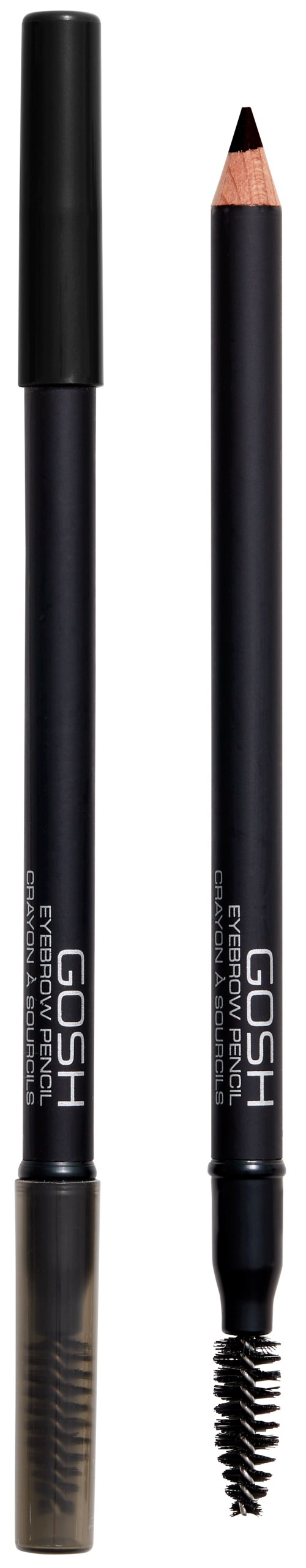 Två svarta makeup-pennor med olika tips, en med lock, på en mörk bakgrund.