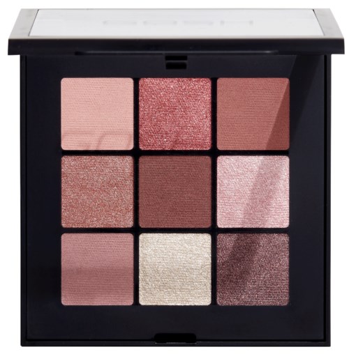 En palett med nio rosa och beige ögonskuggor i ett svart rep med spegel.