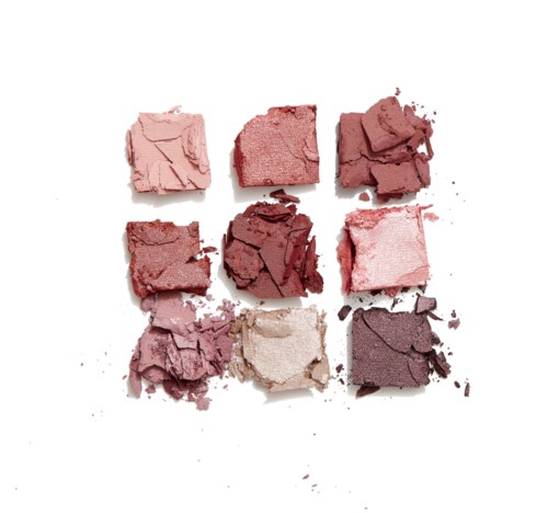 Nio krossade rosa-, röd- och lila ögonskuggor arrangerade i ett 3x3 rutnät på en vit bakgrund.
