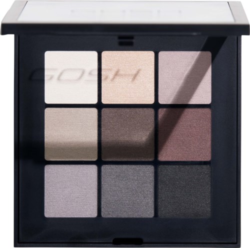 Ein Neun-Farben-Augenpalette mit hellen, neutralen und dunklen Farben in einem schwarzen Gehäuse.