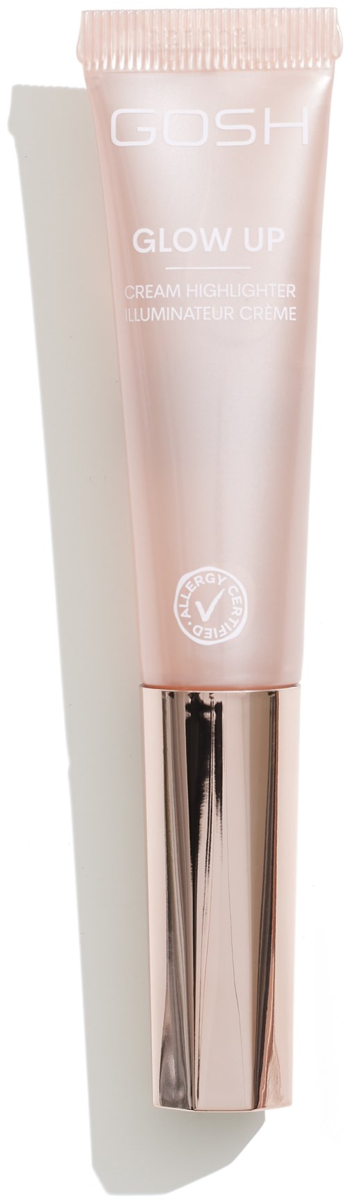 A pink tube with a shiny silver cap, labeled 'GOSH Glow Up' for illuminating cream.
