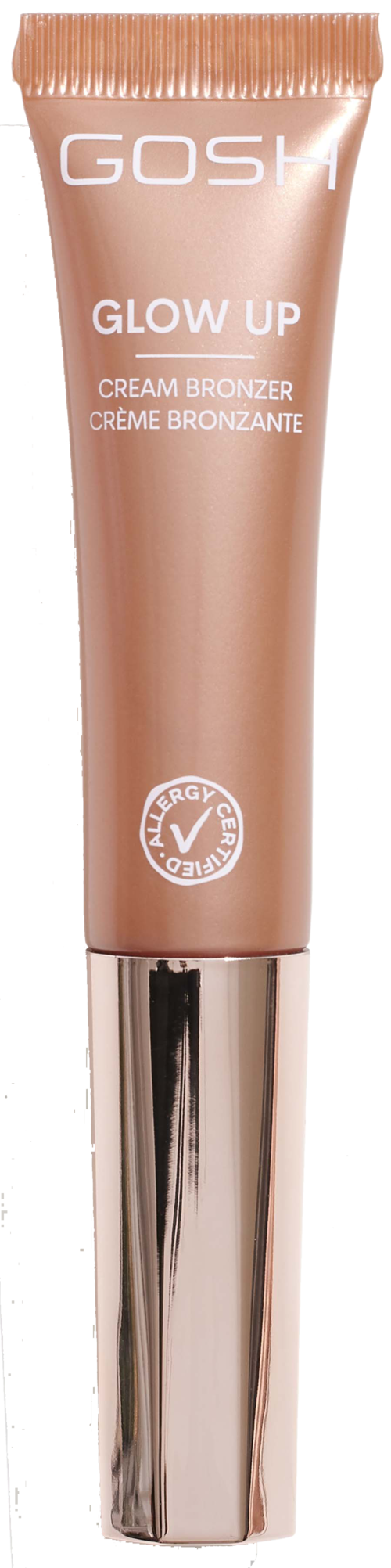 Een tube GOSH Glow Up Cream Bronzer met zilveren dop en roze-beige verpakking.