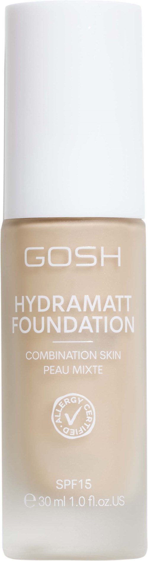 Beige Flasche GOSH Hydramatt Foundation mit weißem Deckel, SPF15, 30ml, für Mischhaut.
