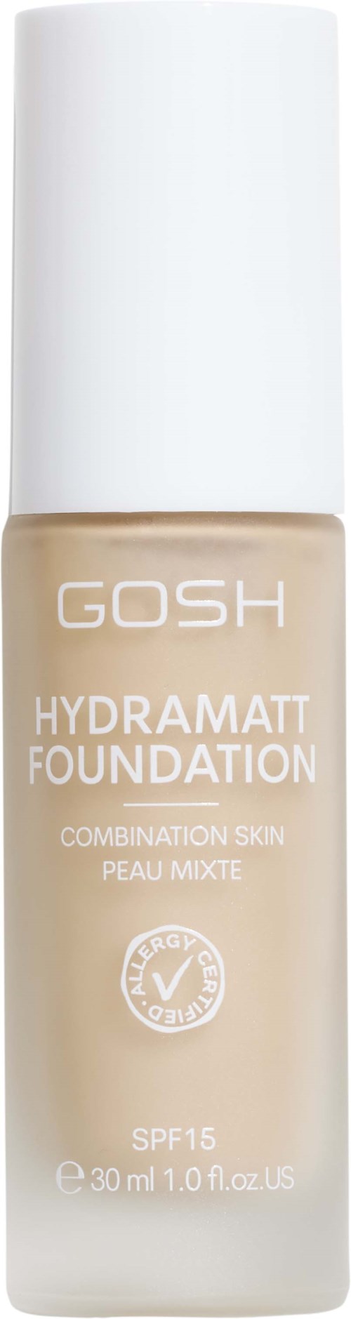 GOSH Hydramatt Foundation für Mischhaut, SPF 15, 30 ml, beige Flasche mit weißem Deckel.