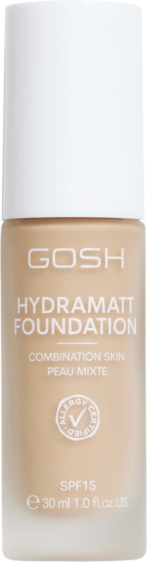 Een beige fles GOSH Hydramatt Foundation met witte dop, voor gecombineerde huid en SPF 15.