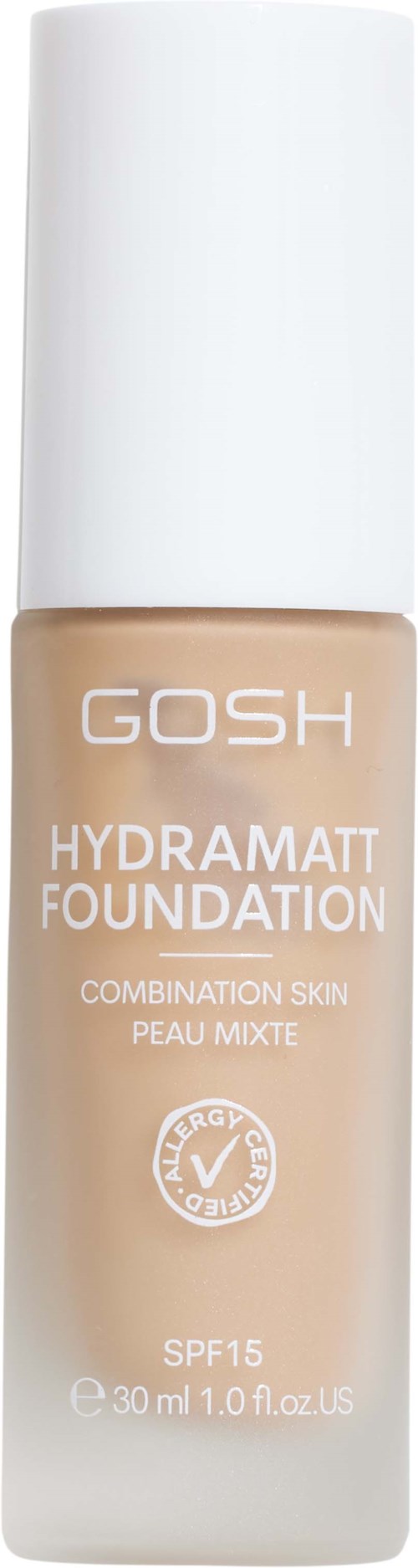 Eine Foundation-Flasche mit GOSH Hydramatt Foundation für Mischhaut, SPF 15, 30 ml, beige.