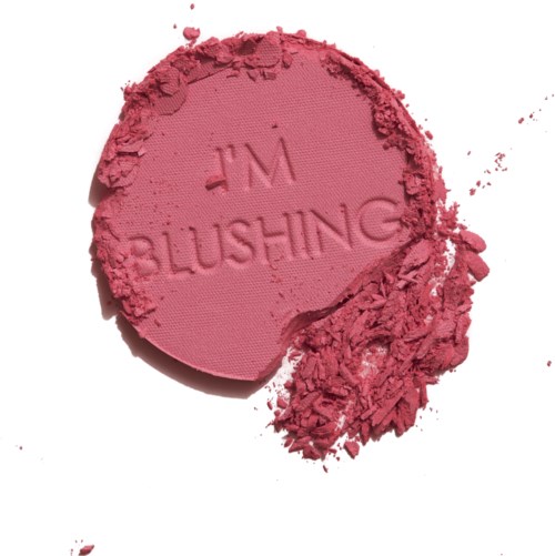 Roze blushpoeder met de tekst 'JMW BLUSHING' geëmbossed, wat poeder eromheen.