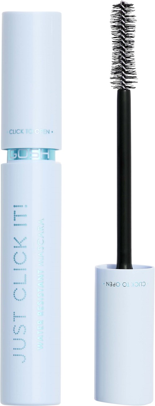 Een witte tube met blauwe tekst en een zwarte borstelhandvat met mascara. De dop is eraf, de borstel is zichtbaar.