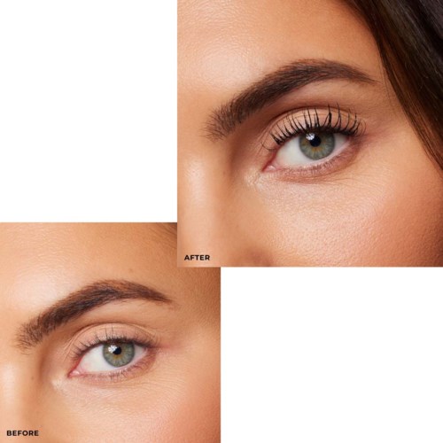 Close-up van een vrouw haar oog met voor en na make-up resultaten.