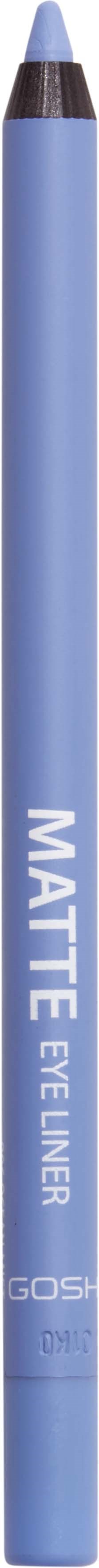 Blue makeup pencil labeled 'MATTE EYE LINER' with black tip for application.