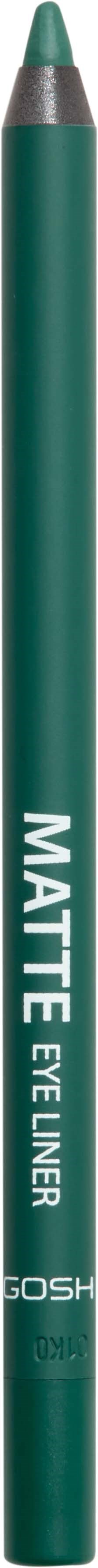 A green eyeliner pencil with white text that reads "MATTE EYE LINER" and "GOSH".