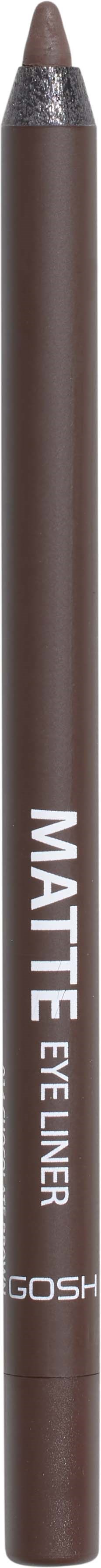 A brown eyeliner pencil with white text reading "MATTE EYELINER GOSH" on it.