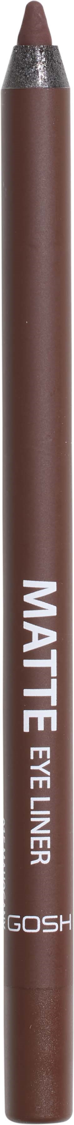 En brun ögonpenna märkt "MATTE EYE-LINER GOSH" på en svart bakgrund.