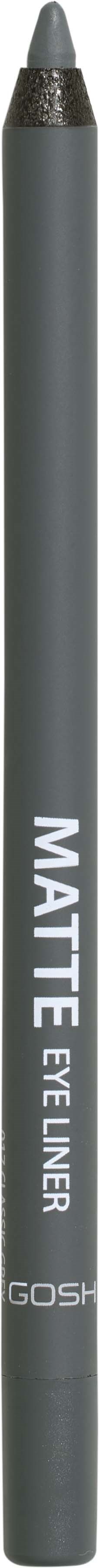 Een grijze matte oogpotlood met een zwarte punt en witte tekst "MATTE EYE-LINER GOSH."