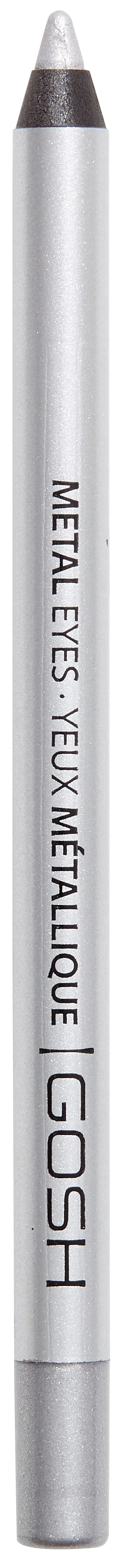 En silverfärgad metallic ögonbrynspenna märkt 'GOSH' och 'metallic eyelash' med svart spets.