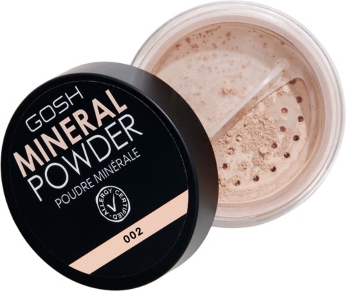 Ein Behälter mit Gosh Mineral Powder ohne Deckel, die helle beige losen Puder zeigt.